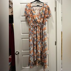 Floral Boho Dress Wrap V Neck Short Sleeve Belted Ruffle Hem A-Line Flowy Maxi
